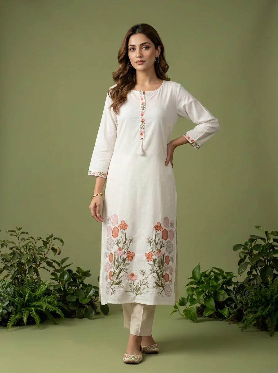 White Cotton Thread And Patch Embroidered Kurta - Image 2