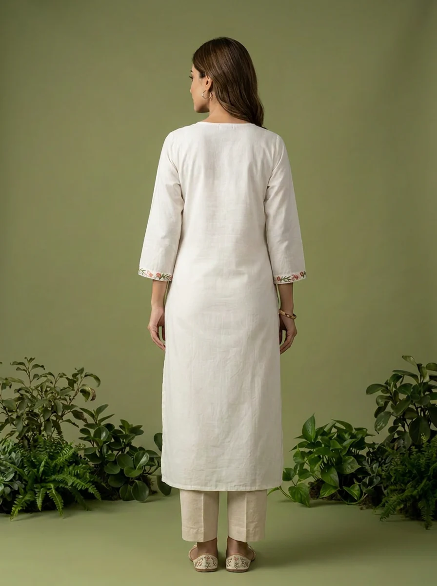White Cotton Thread And Patch Embroidered Kurta - Image 3