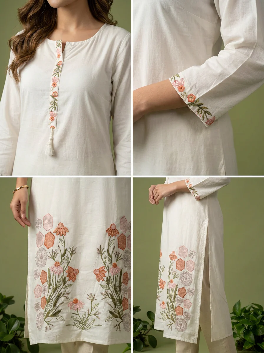 White Cotton Thread And Patch Embroidered Kurta - Image 5