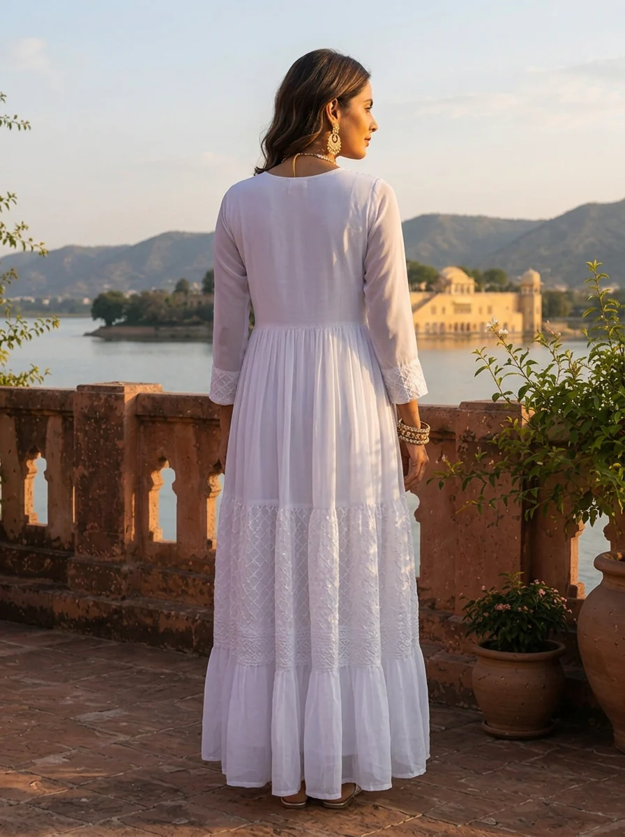 White Crepe Geometric Floral Embroidered Dress - Image 3