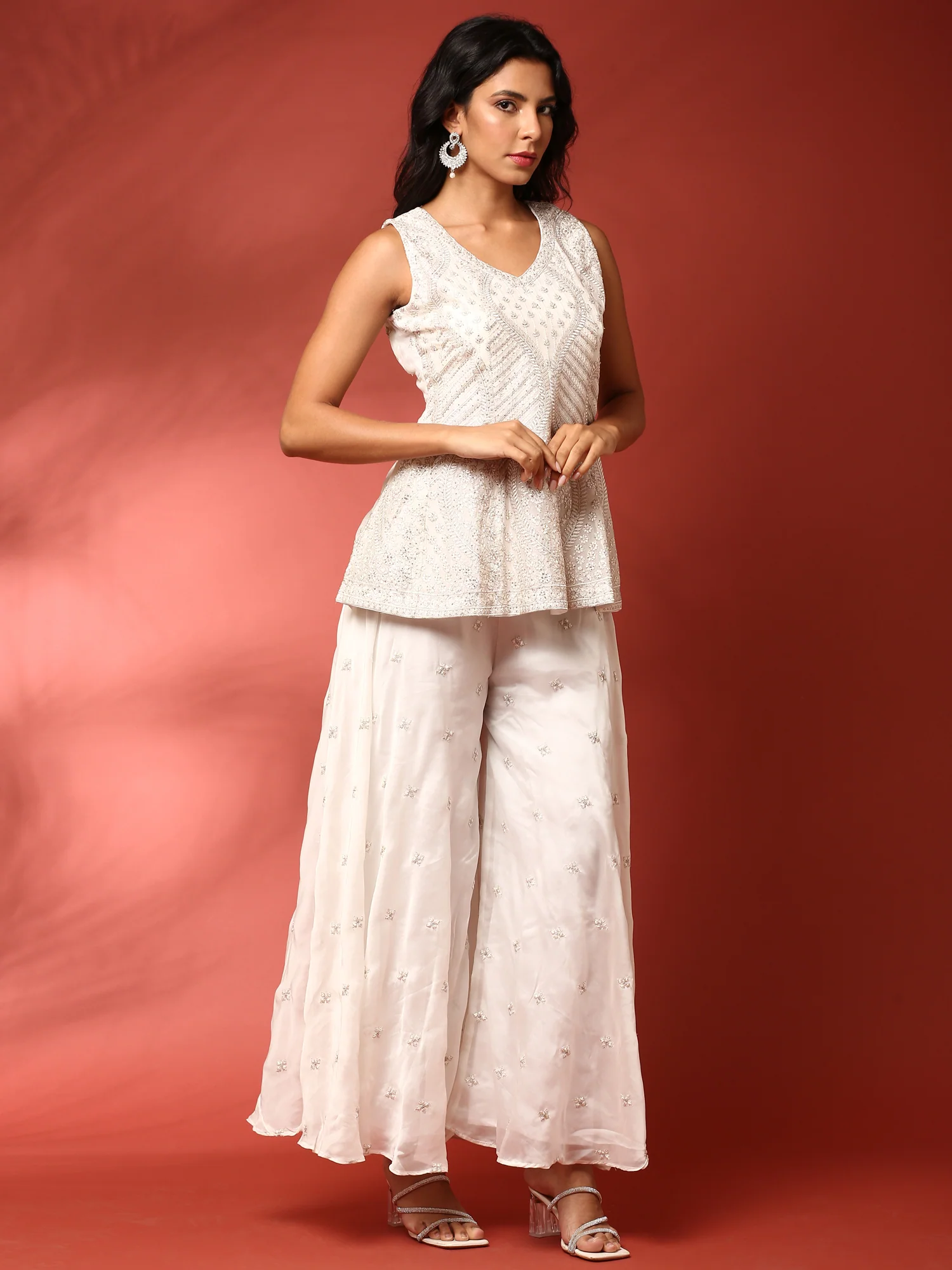 White Georgette Hand Embroidered three piece sharara set - Image 2