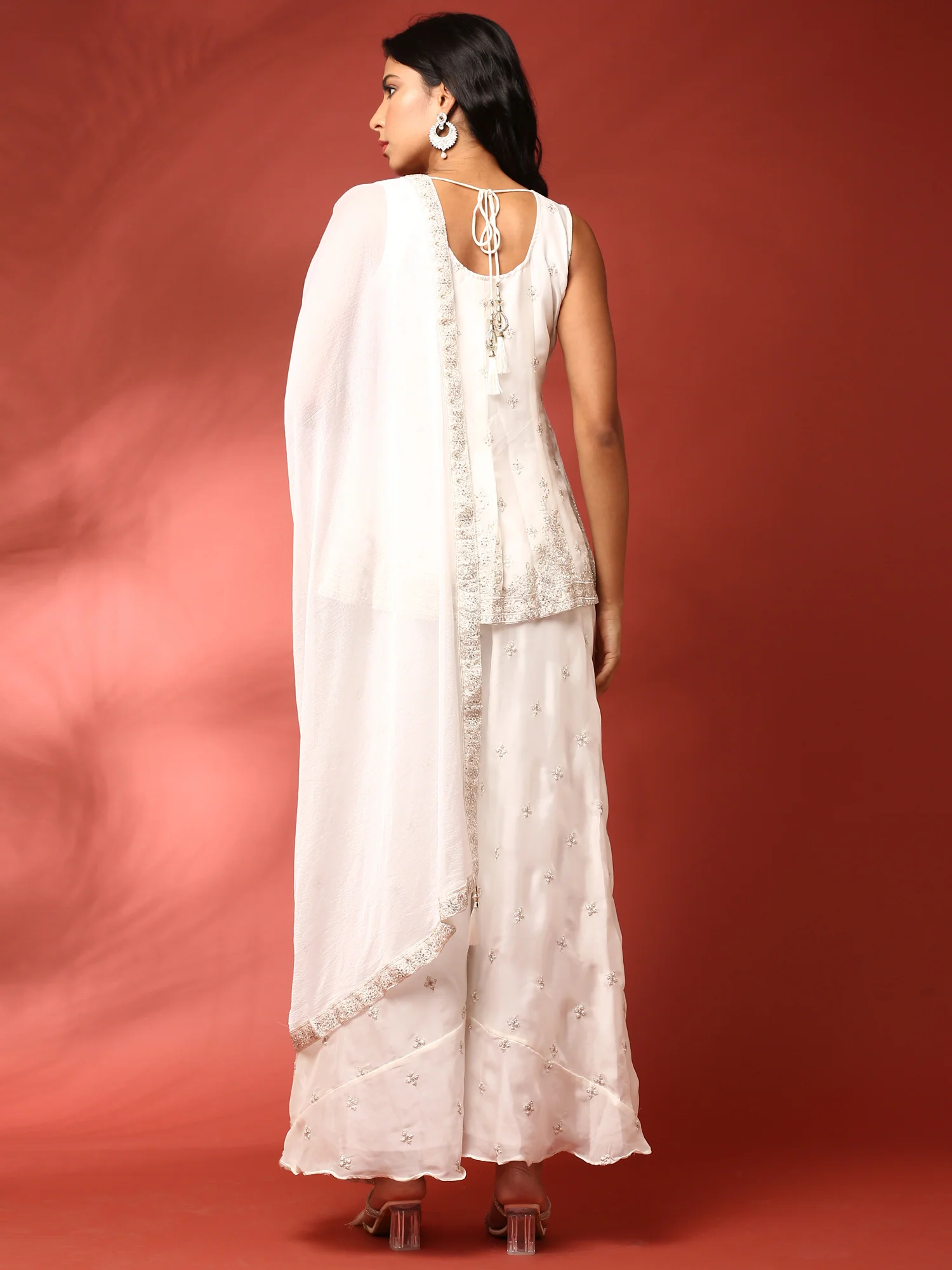 White Georgette Hand Embroidered three piece sharara set - Image 3