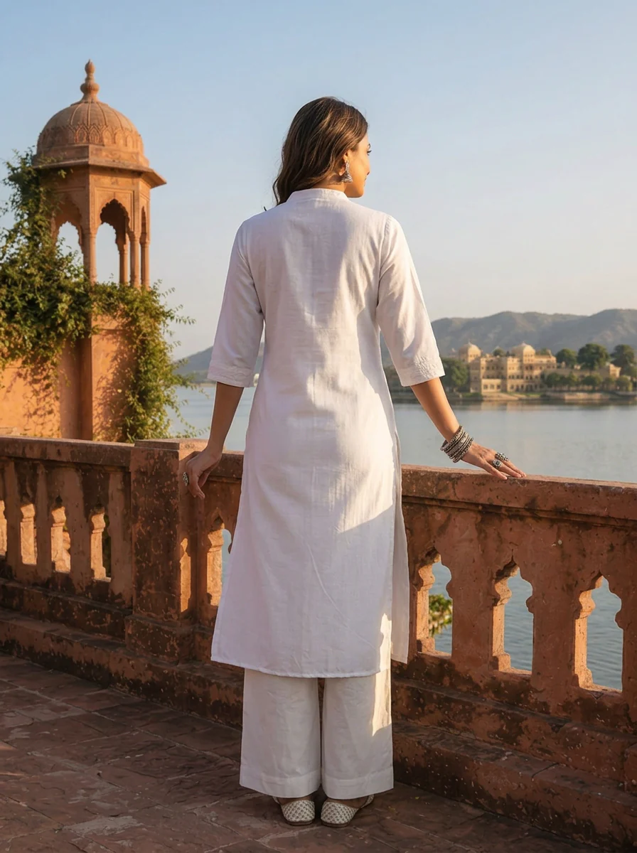 White Silk Pintuck Embroidery Kurta - Image 2