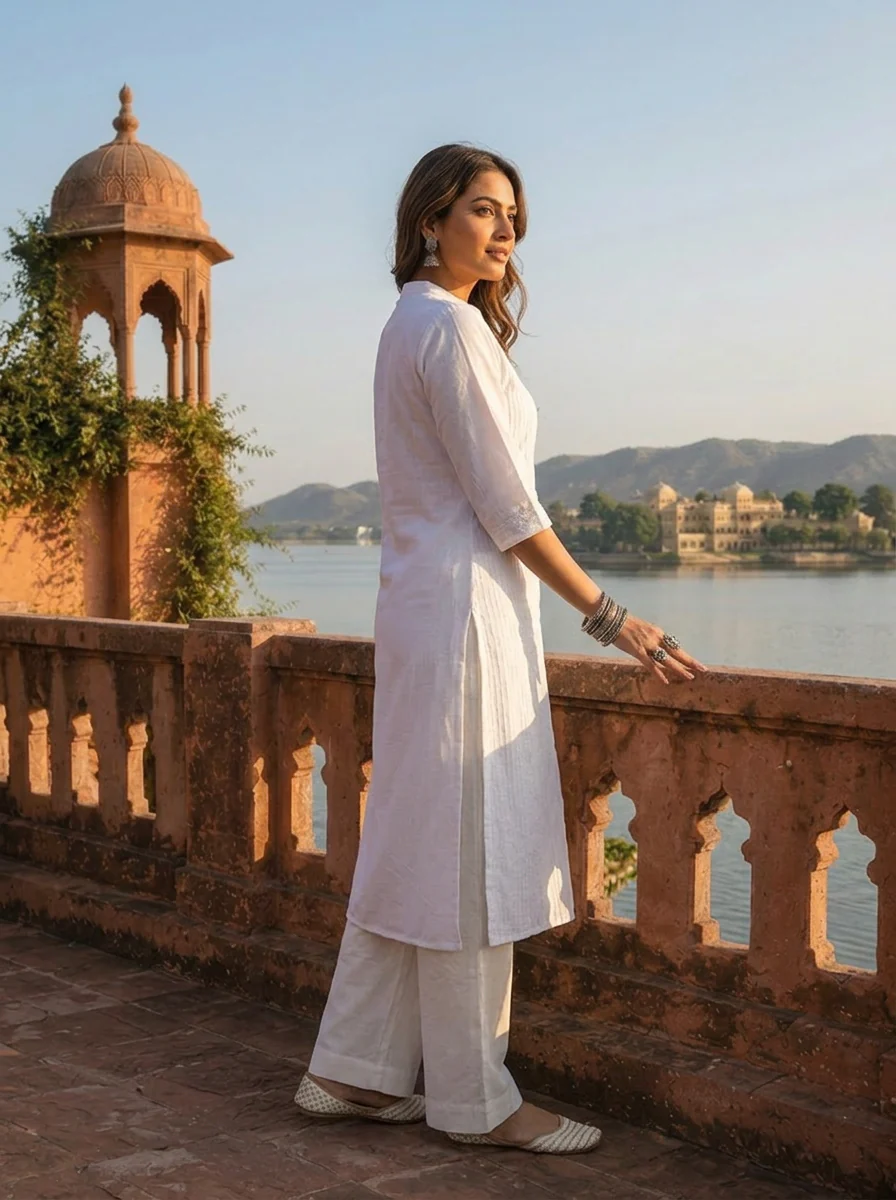 White Silk Pintuck Embroidery Kurta - Image 3