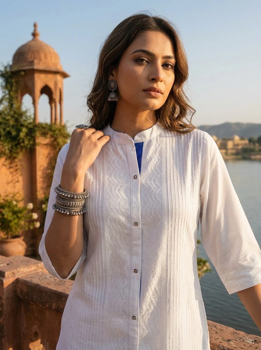 White Silk Pintuck Embroidery Kurta - Image 4