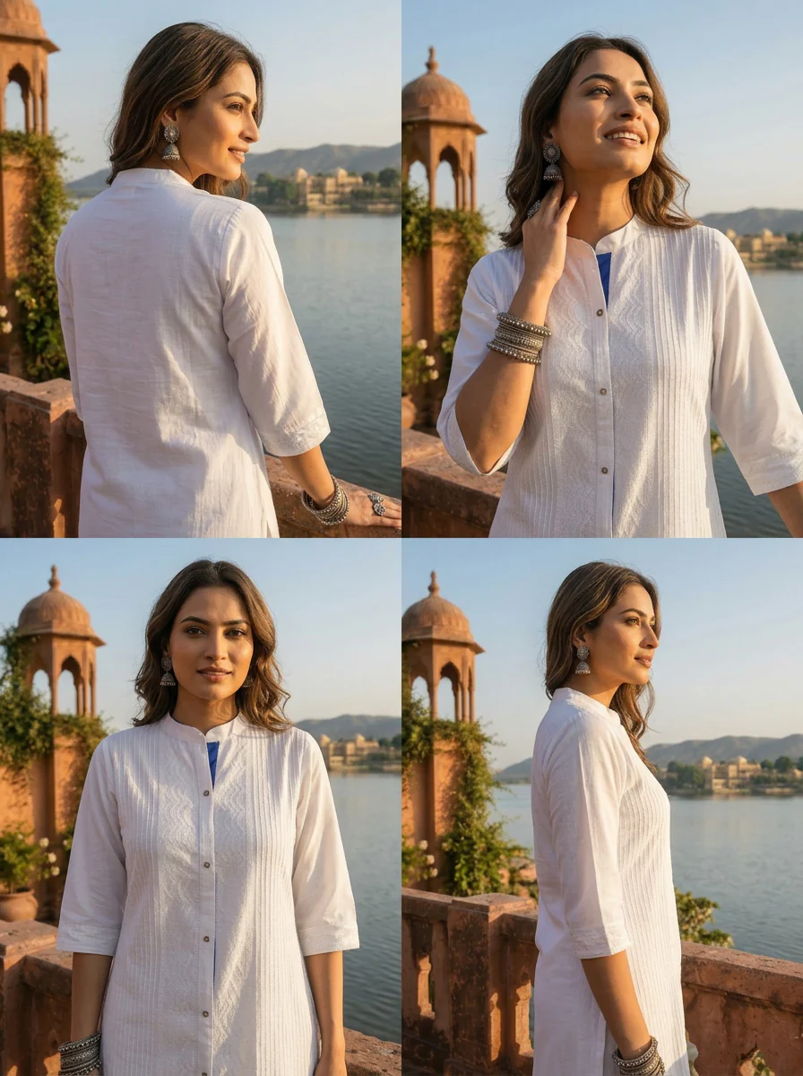 White Silk Pintuck Embroidery Kurta - Image 5
