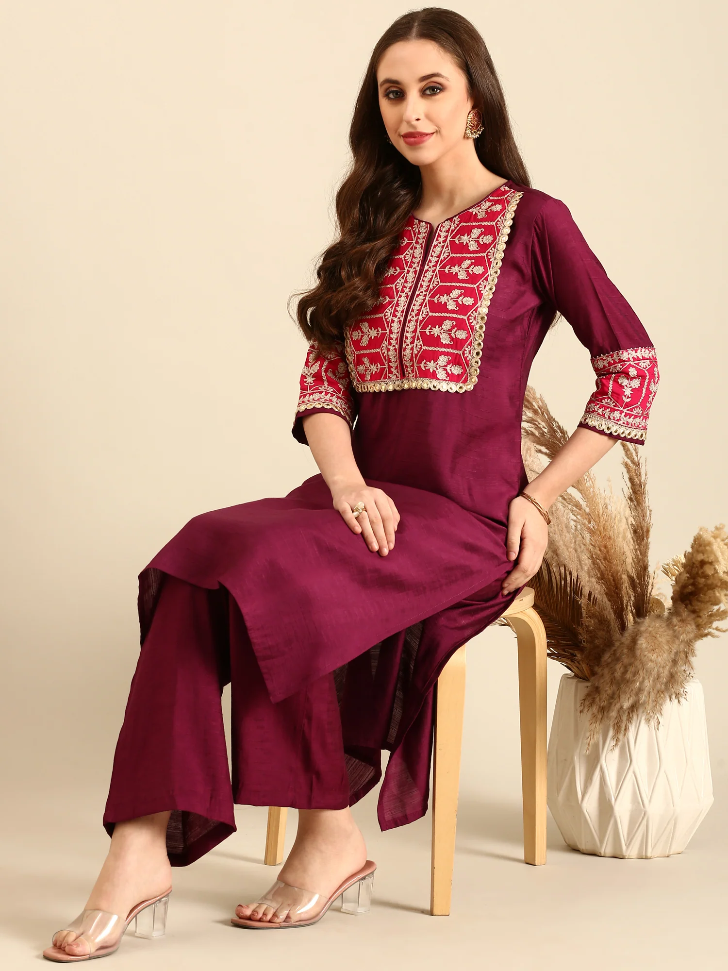 Wine Aari embroirdery two piece silk suit set - Image 6