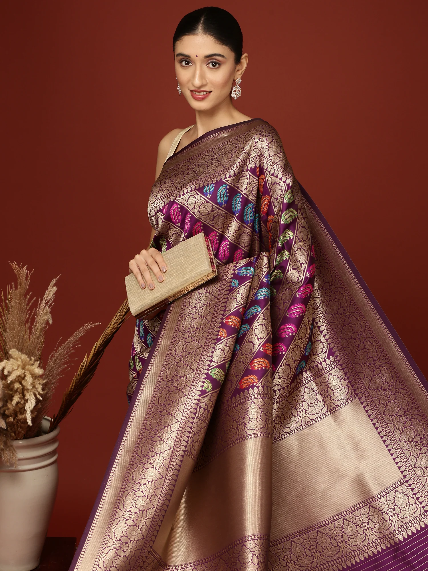 Wine Banaras Ethnic Motifs Saree - Image 2