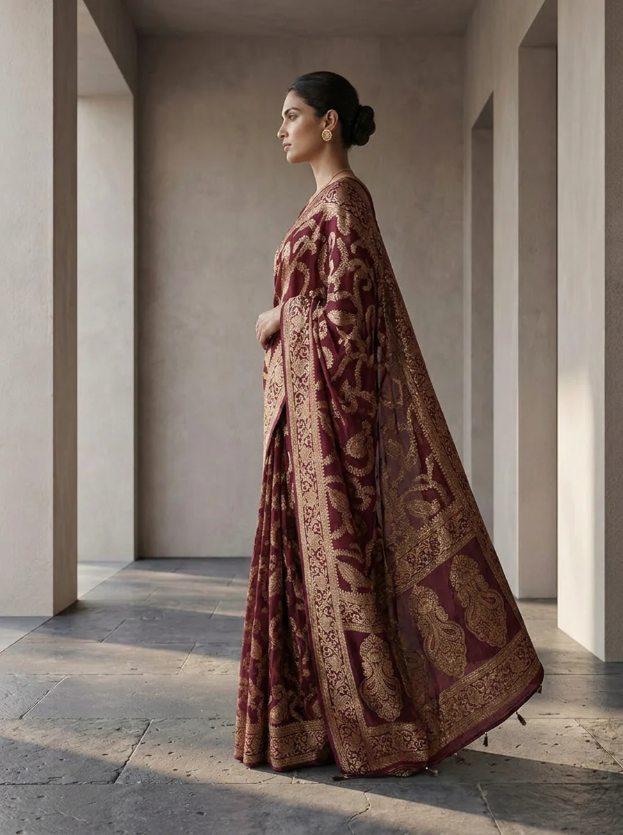Wine Banaras Floral Design Weared Saree - Image 2