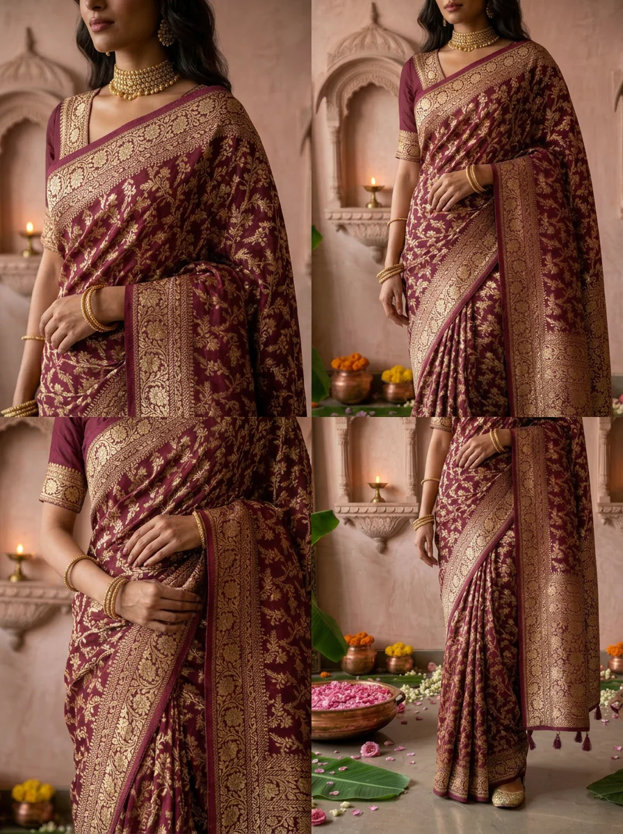 Wine Banaras Saree With Heavy Floral Design - Image 4
