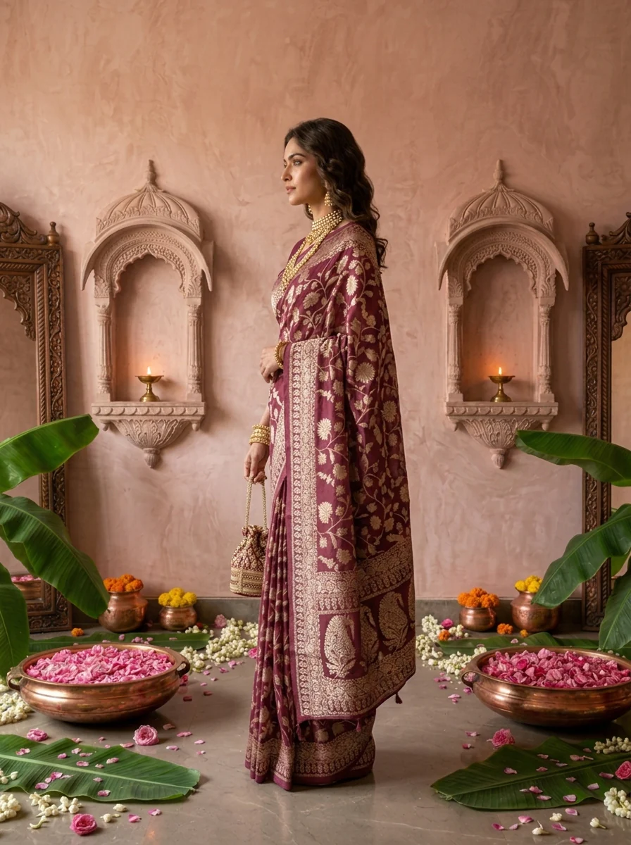 Wine Banaras Weaved Saree With Floral Design - Image 3