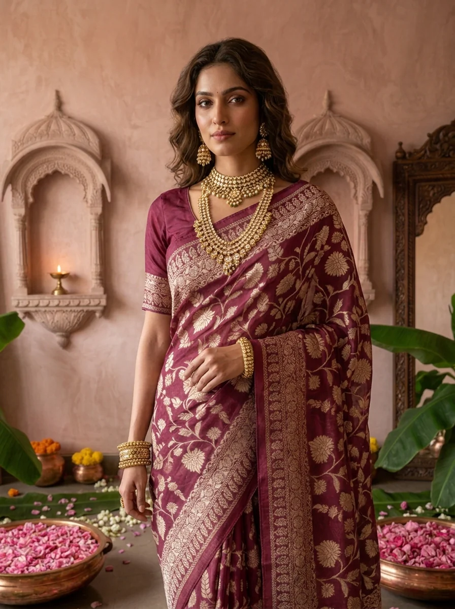 Wine Banaras Weaved Saree With Floral Design - Image 4