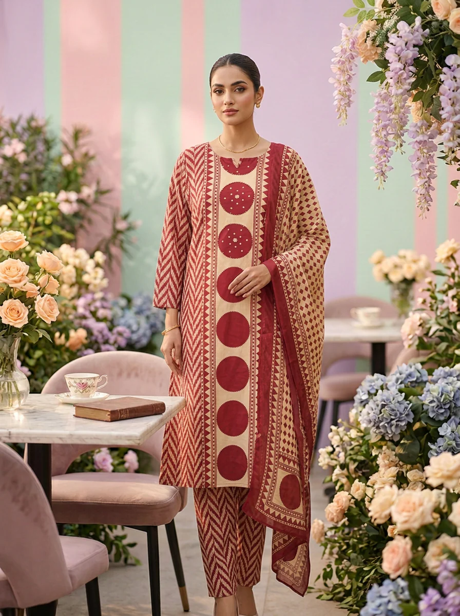 Wine Cotton Chevron Printed Three Piece Set