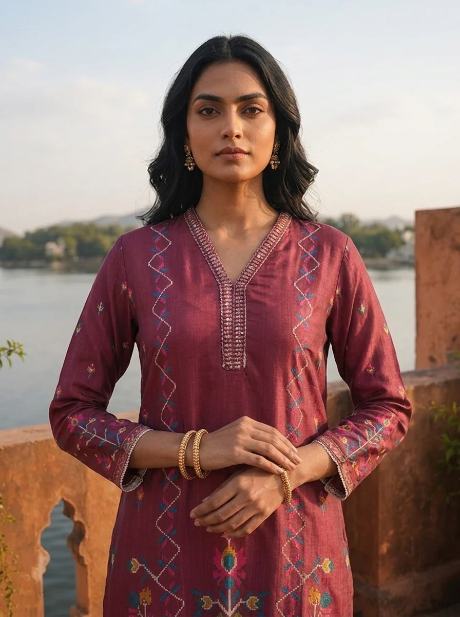 Wine Cotton Digital Geometric Jaal Printed Three Piece Set