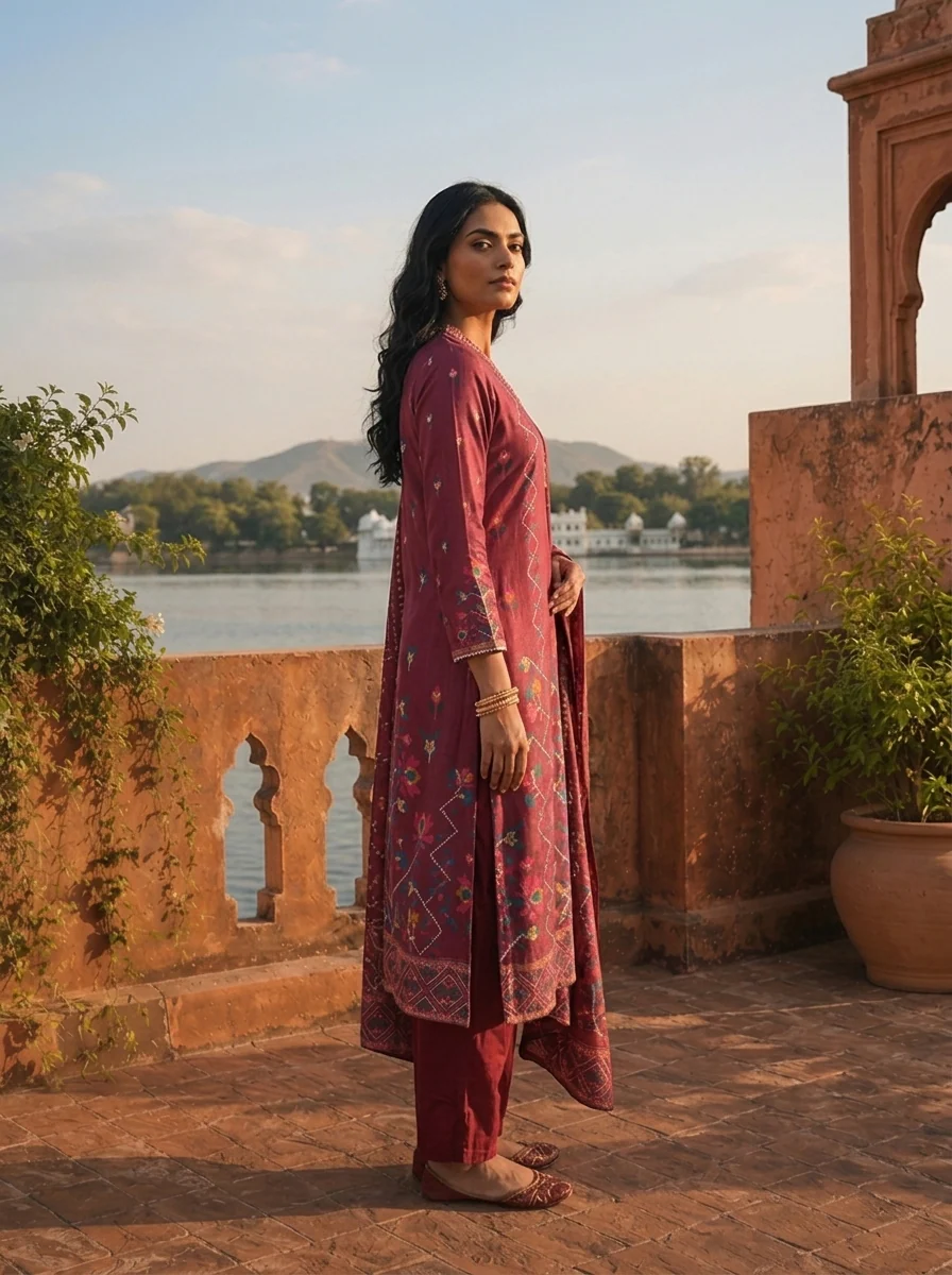 Wine Cotton Digital Geometric Jaal Printed Three Piece Set - Image 2