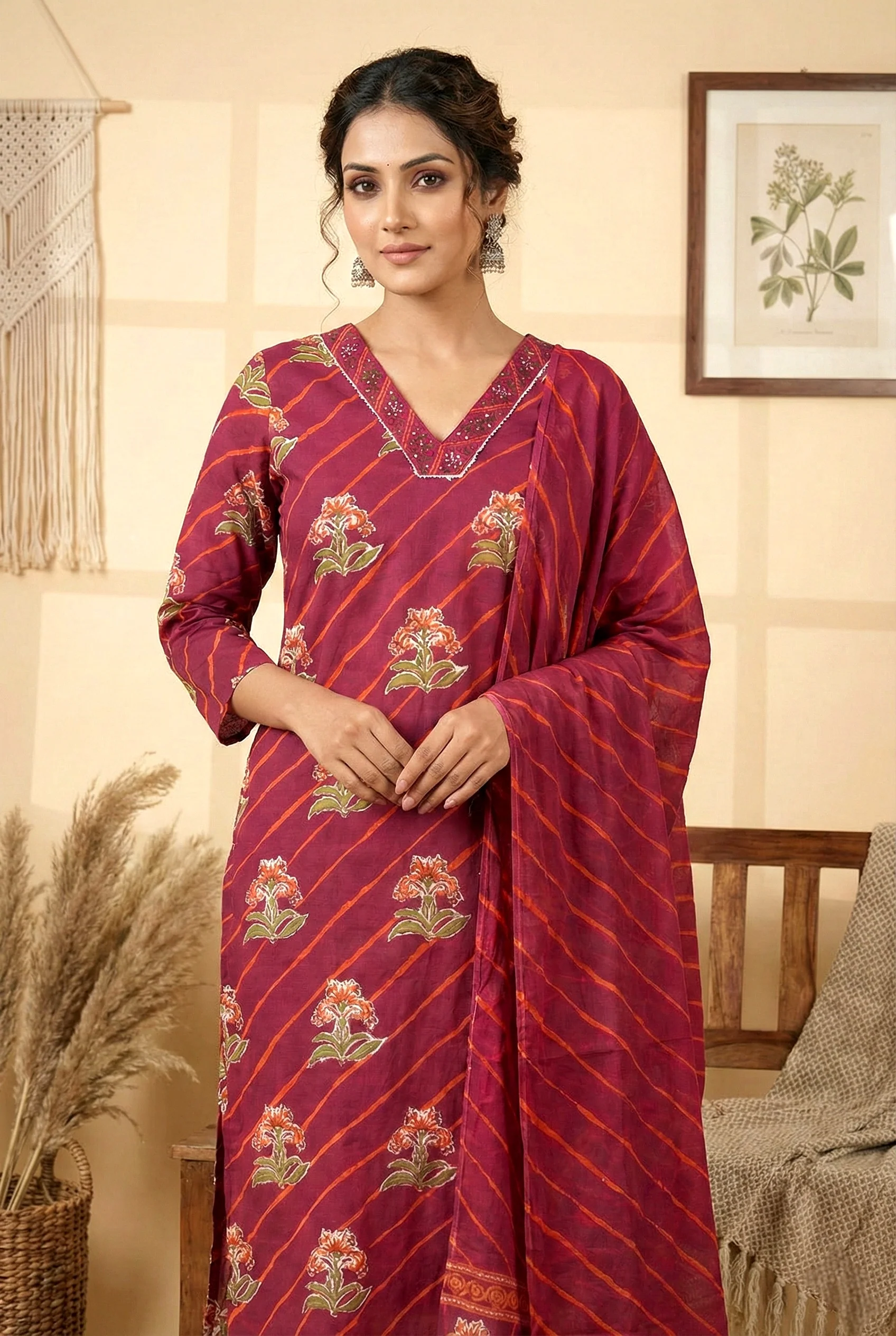 Wine Cotton Floral Digital Printed Three Piece Set - Image 5