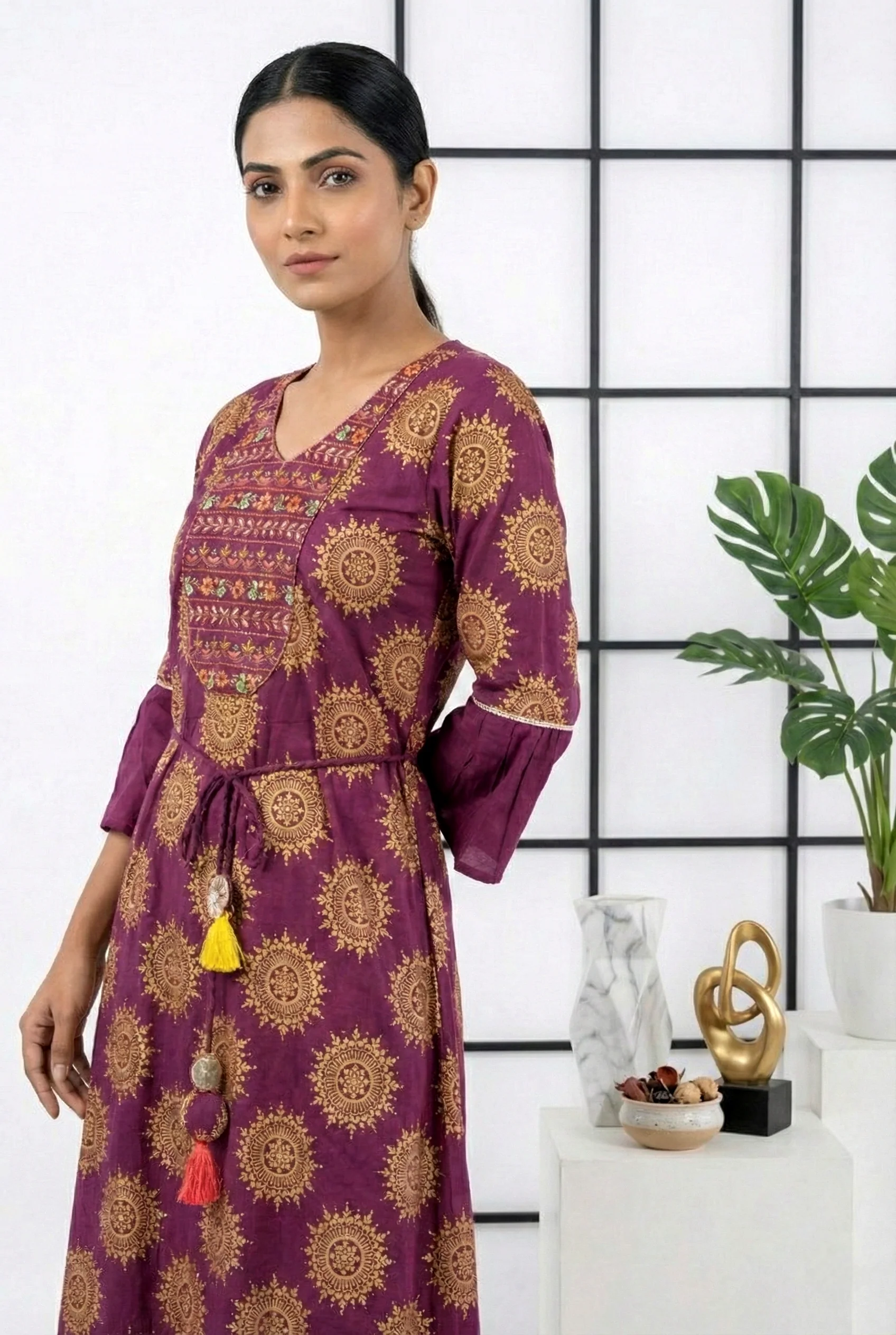 Wine Cotton Floral Printed Dress - Image 3