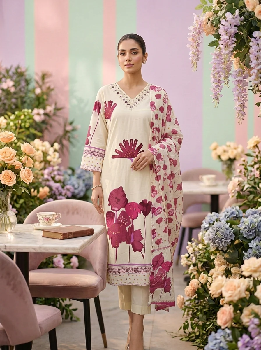 Wine Cotton Floral Printed Three Piece Set