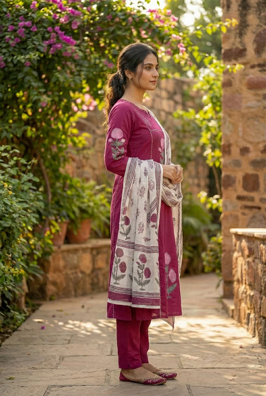 Wine Cotton Floral Printed Three Piece Set - Image 3