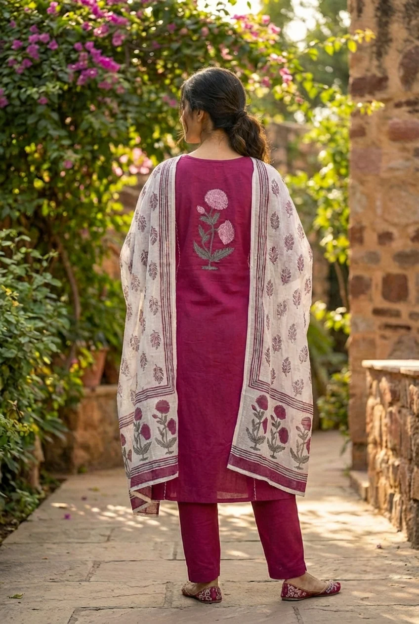 Wine Cotton Floral Printed Three Piece Set - Image 4