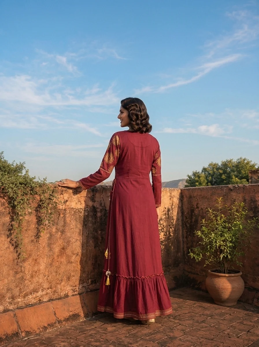 Wine Cotton Hand Embroidered And Floral Printed Long Dress - Image 2