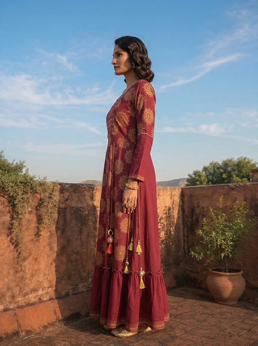 Wine Cotton Hand Embroidered And Floral Printed Long Dress - Image 3