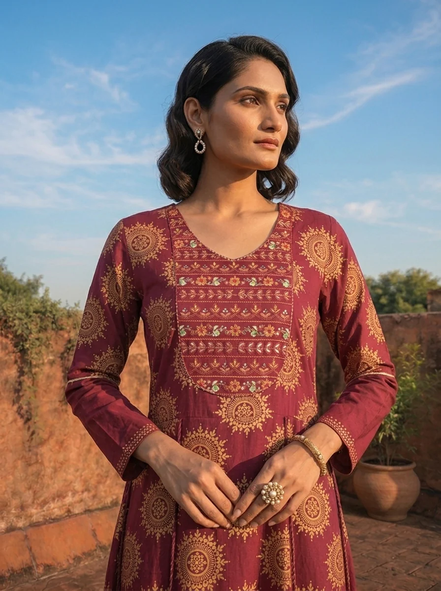 Wine Cotton Hand Embroidered And Floral Printed Long Dress - Image 4