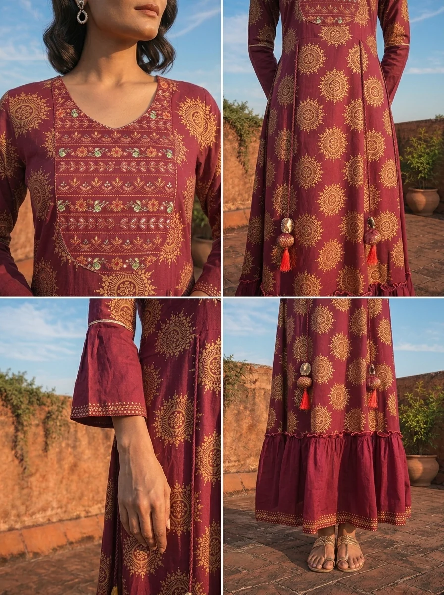 Wine Cotton Hand Embroidered And Floral Printed Long Dress - Image 5