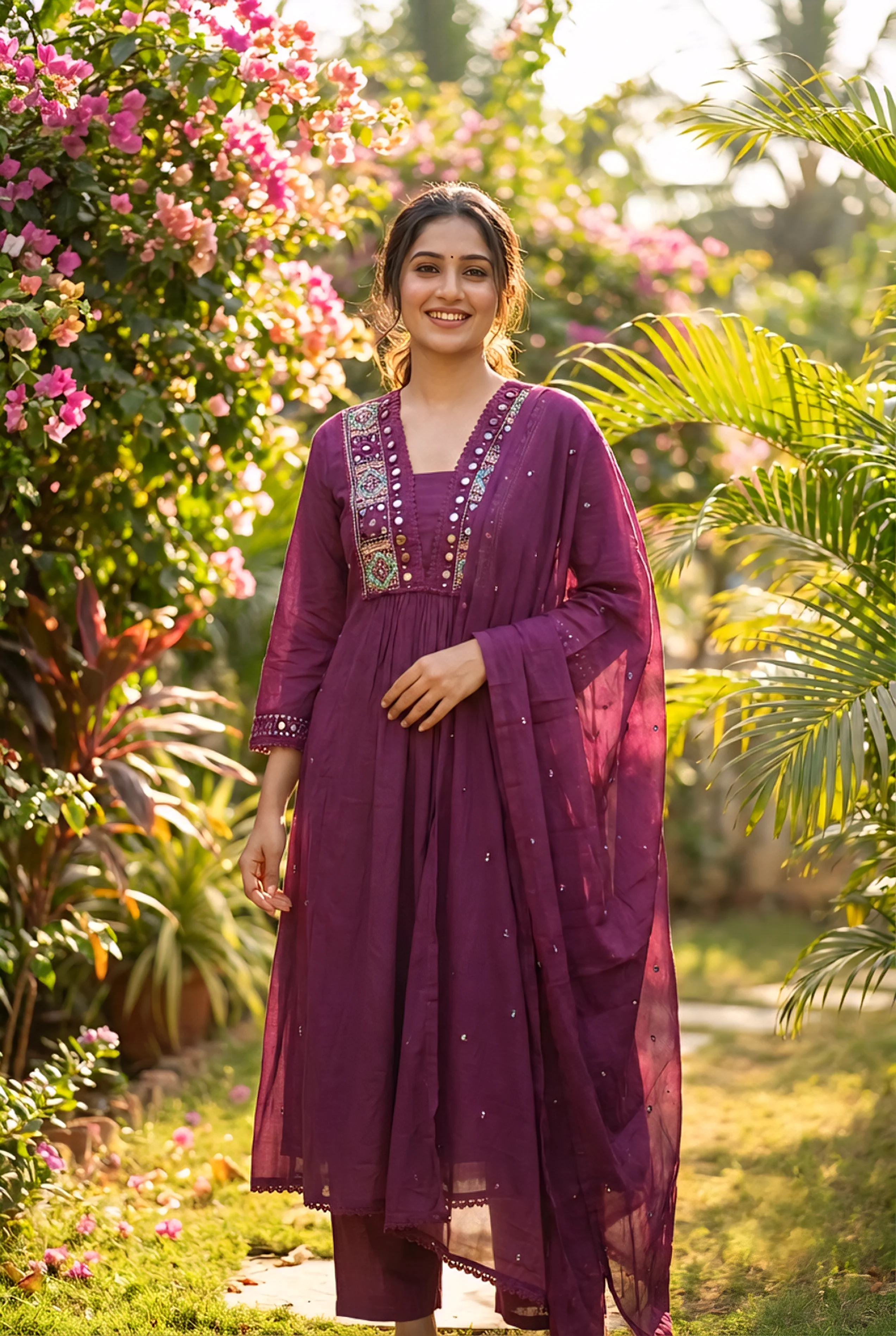 Wine Cotton Hand Embroidery Three Piece Set