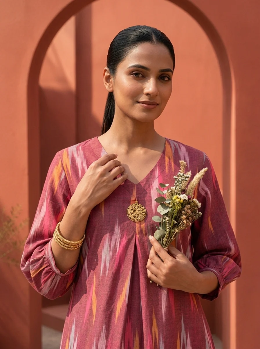 Wine Cotton Ikat Printed Kurta - Image 4