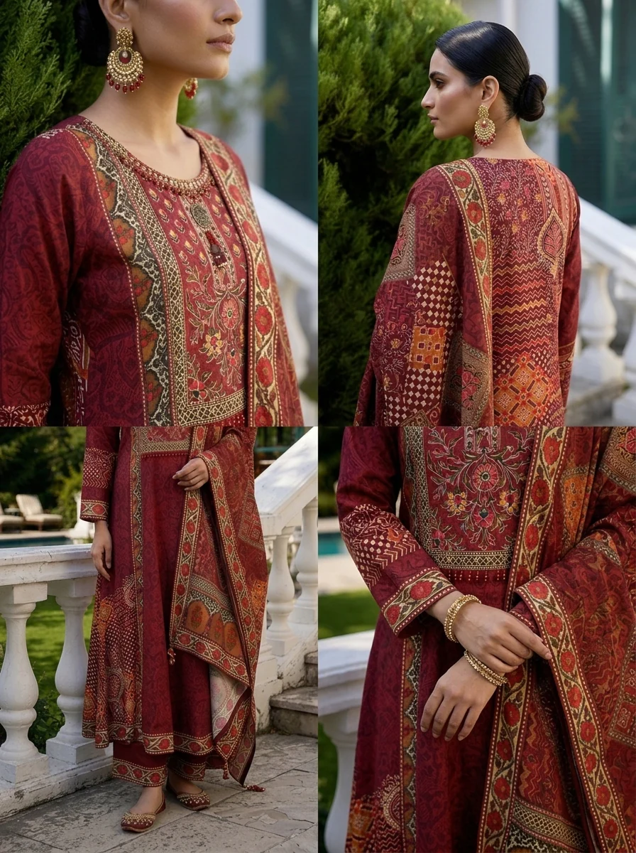 Wine Crepe Ethnic Motif Printed Three Piece Set - Image 5