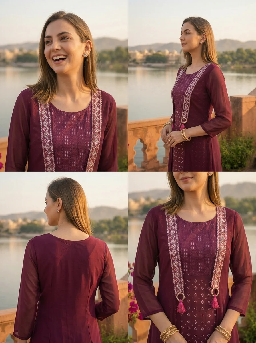 Wine Georgette Bandhani Printed Long Dress - Image 5