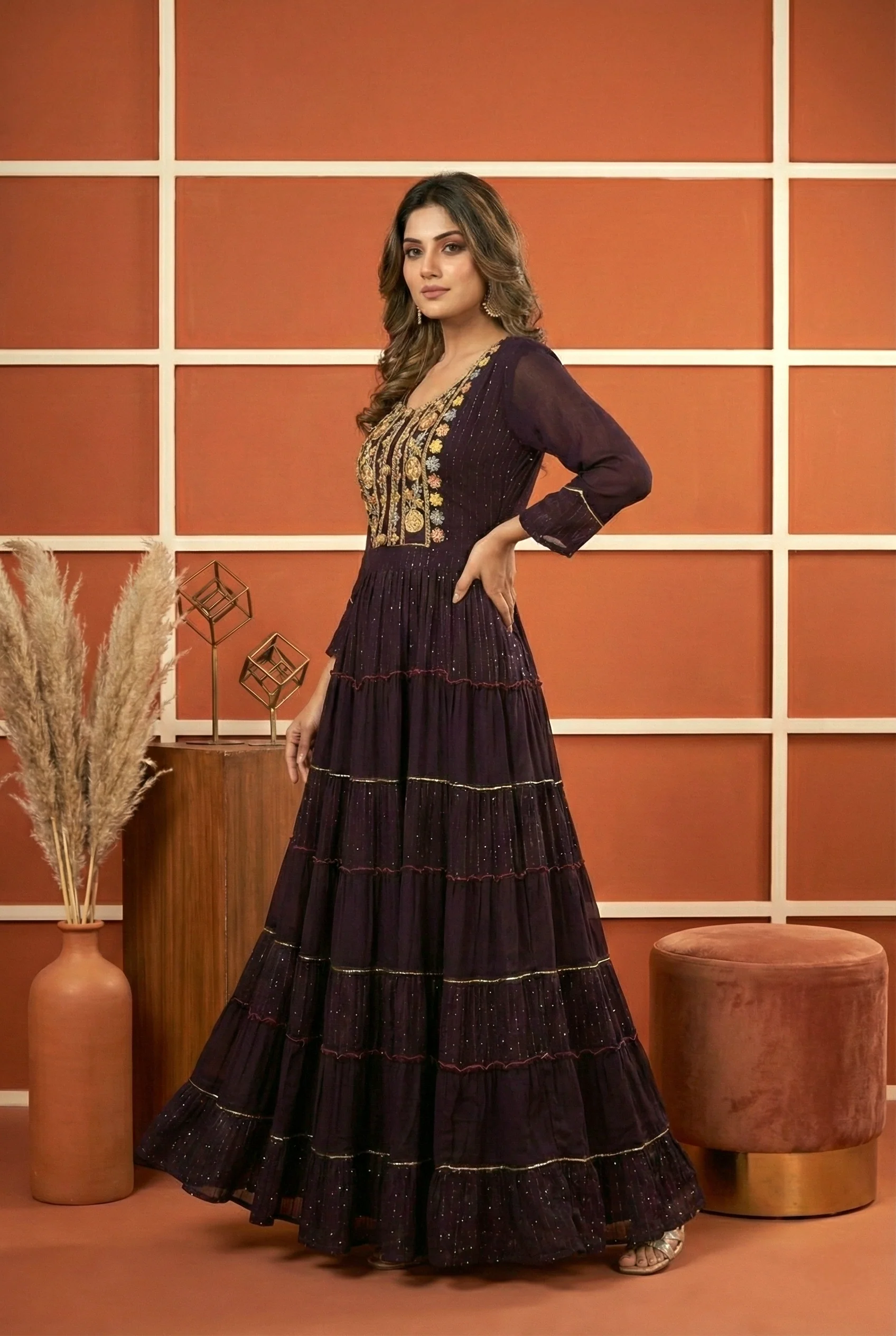 Wine Georgette Hand Embroidery Long Dress - Image 3