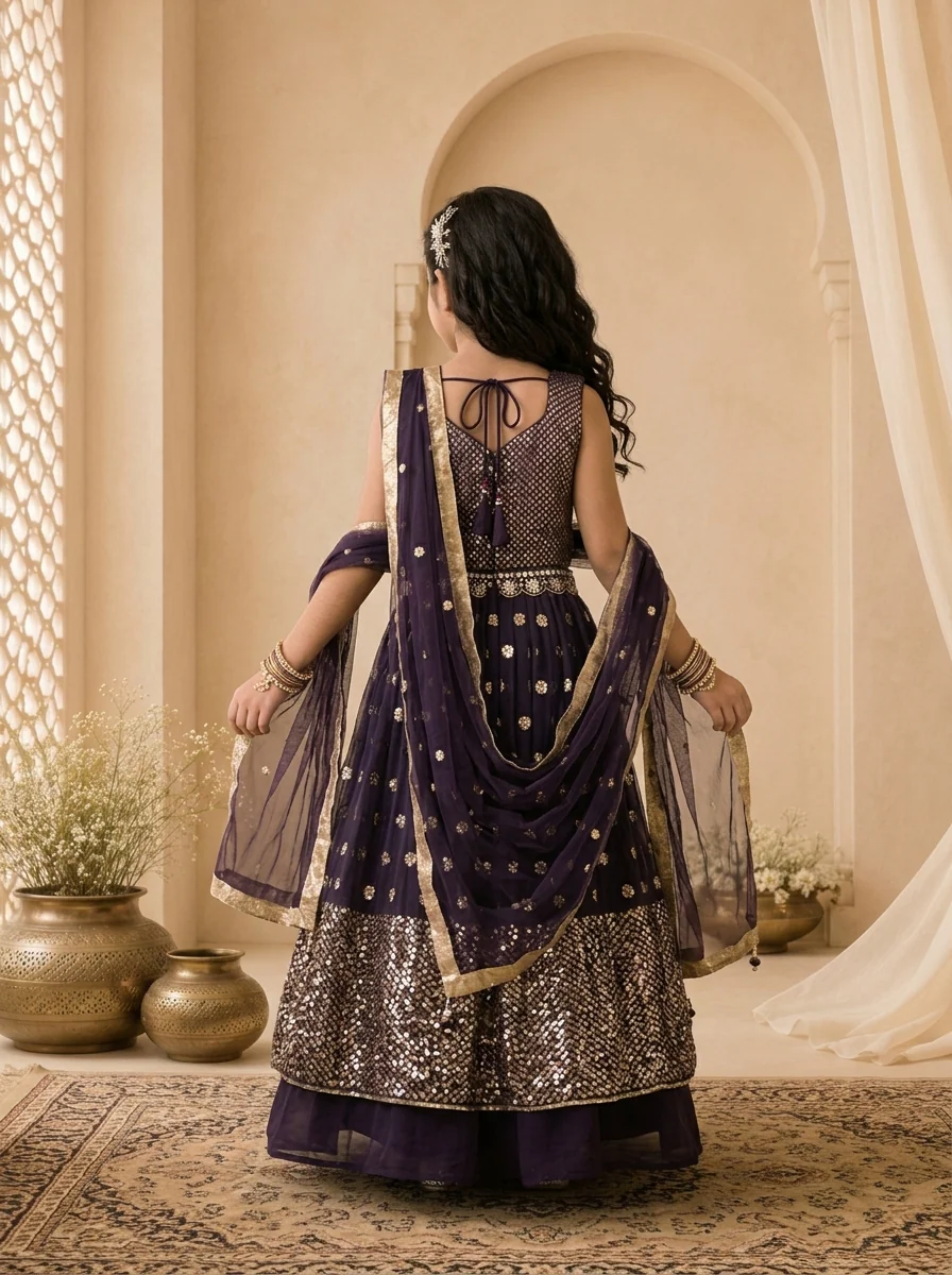 Wine Georgette Sequin Panelled Embroidered Ghagra Set - Image 2