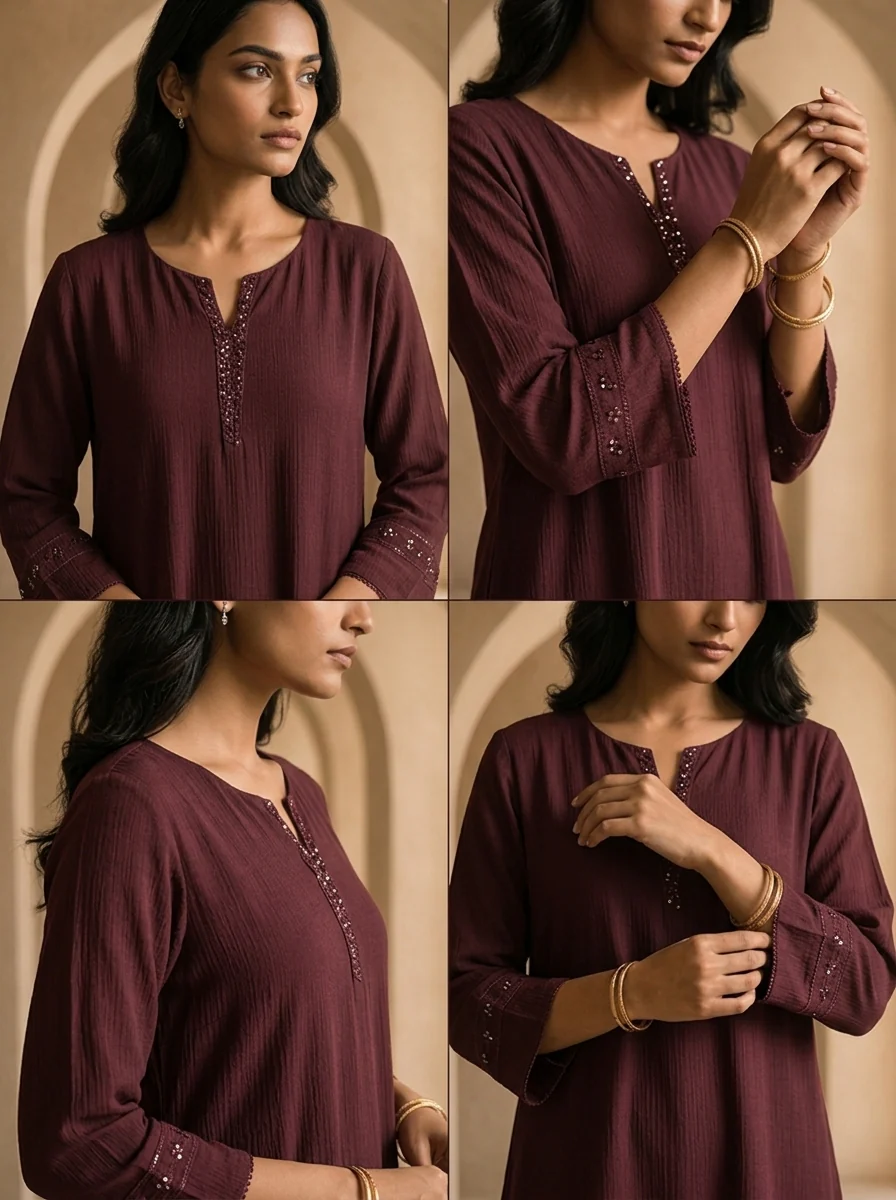 Wine Hand Embroidery And Solid Design Chinon Kurta - Image 6