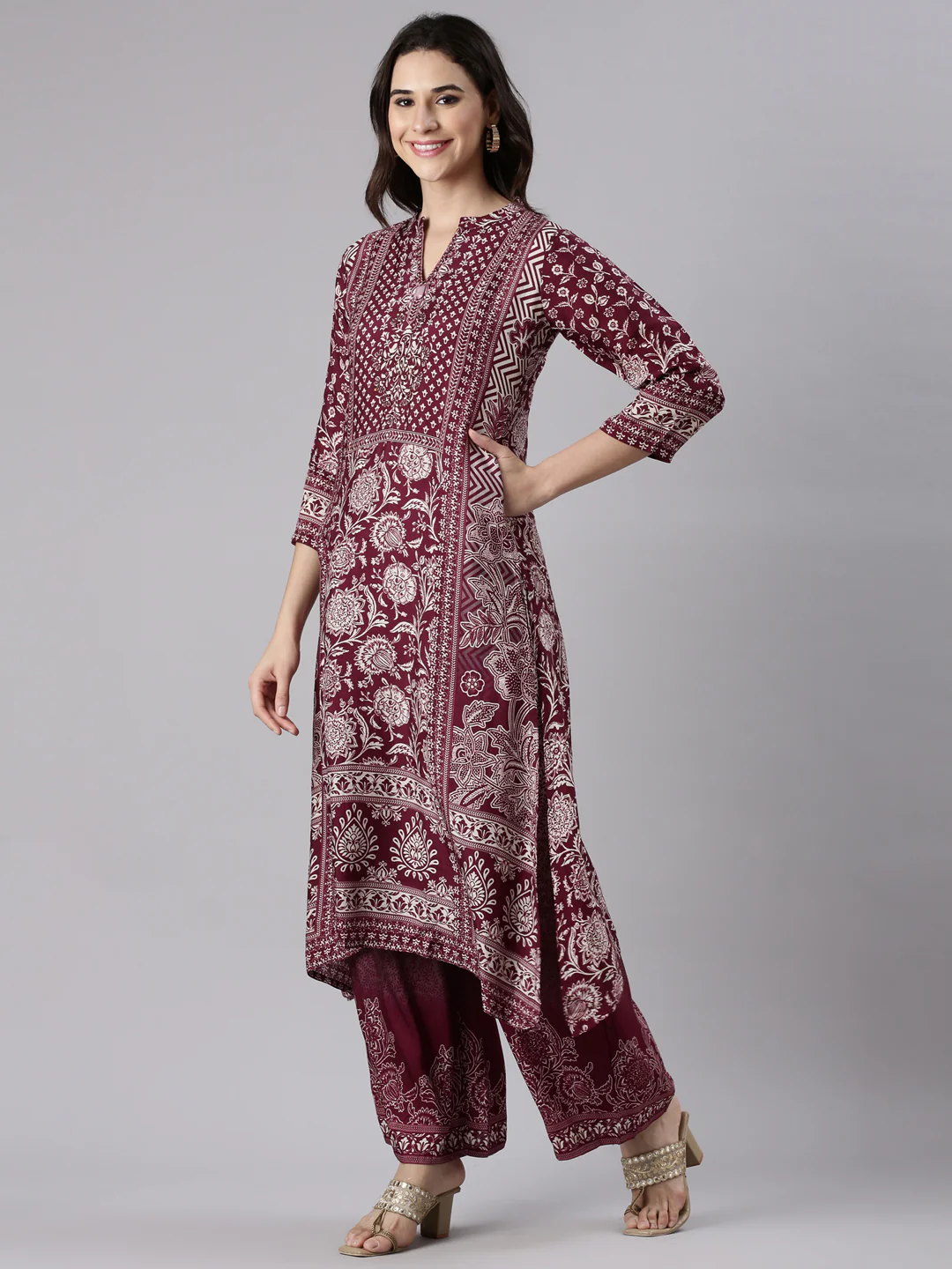 Wine Muslin Printed A-Line Three Piece Set - Image 2