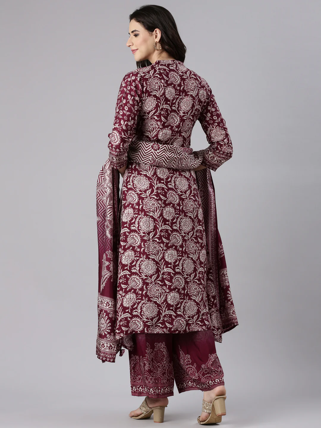 Wine Muslin Printed A-Line Three Piece Set - Image 3