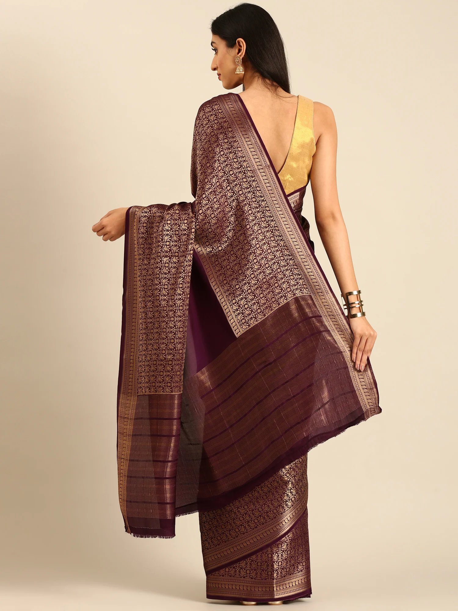 Wine Mysore Crepe Saree With Zari Jaal Border - Image 2