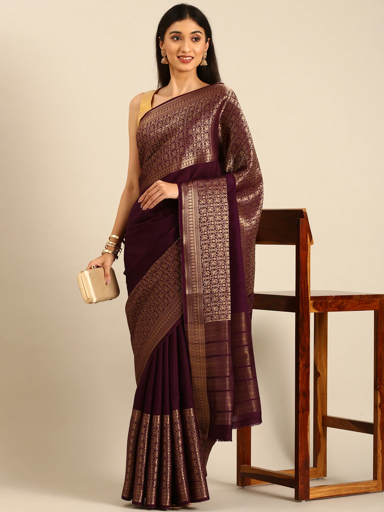 Wine Mysore Crepe Saree With Zari Jaal Border - Image 4
