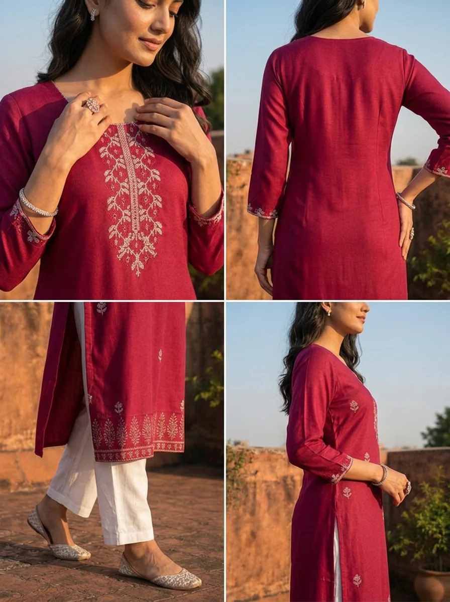 Wine Rayon Buti Floral Motifs Embroidered Kurta - Image 5