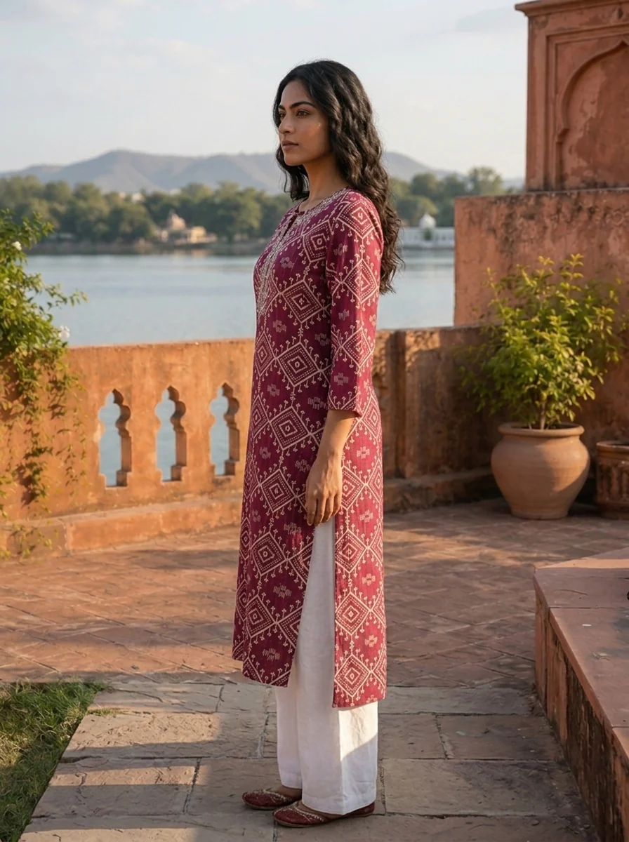 Wine Rayon Diamond Jaal Printed Kurta - Image 2