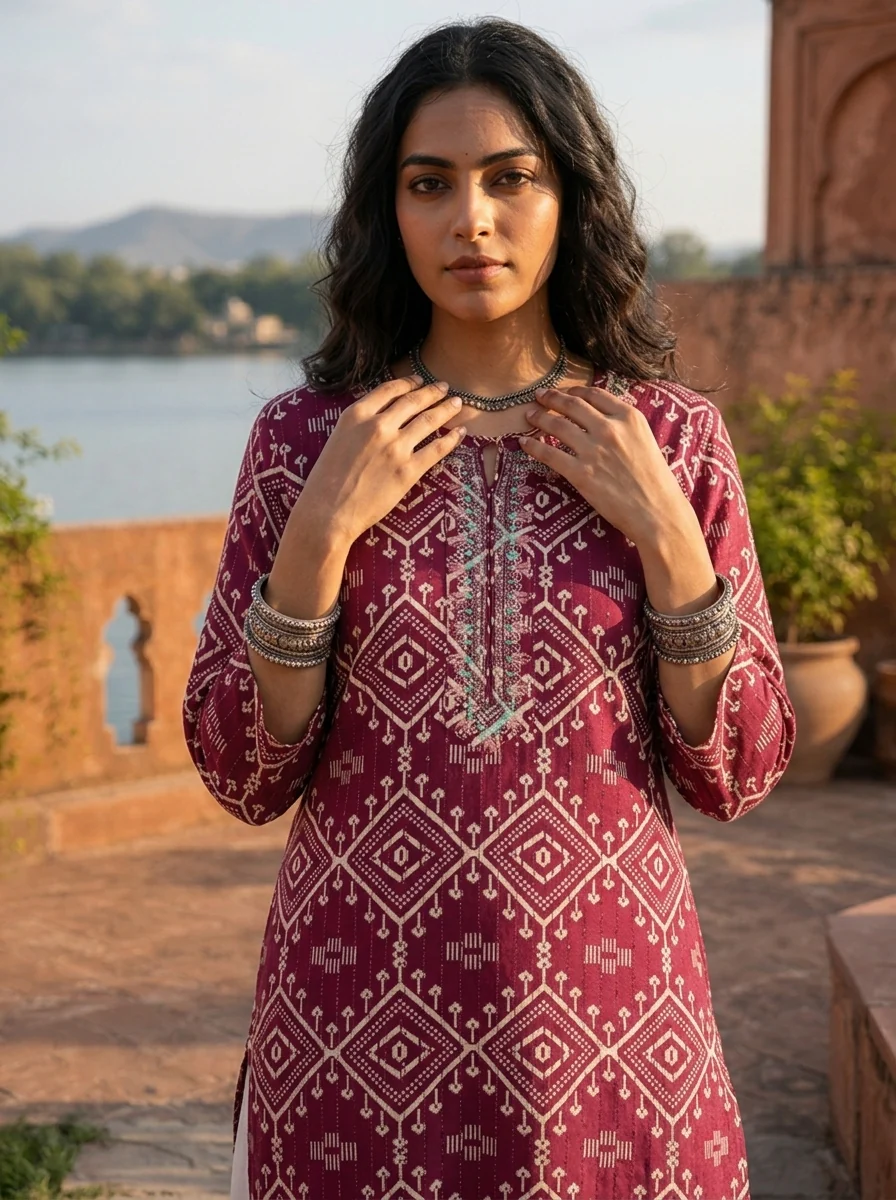 Wine Rayon Diamond Jaal Printed Kurta - Image 4