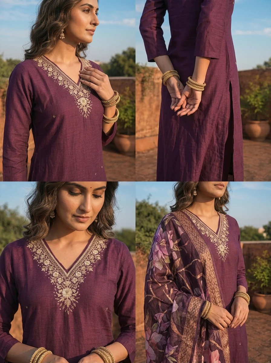 Wine Rayon Floral Embroidered Three Piece Set - Image 5