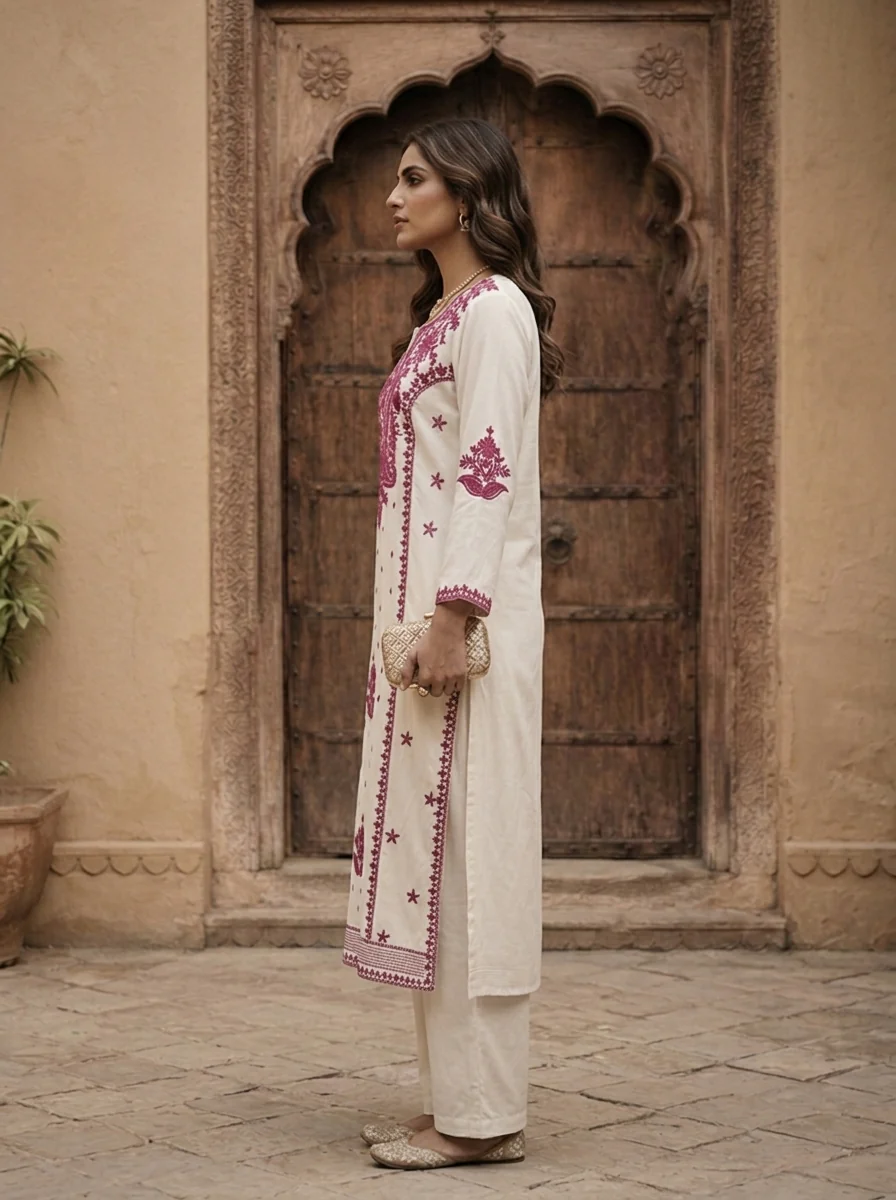 Wine Rayon Floral Embroidery Kurta - Image 3