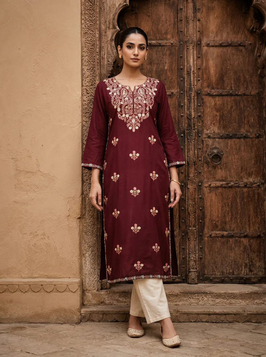 Wine Rayon Heavy Floral Thread Embroidery Kurta - Image 2