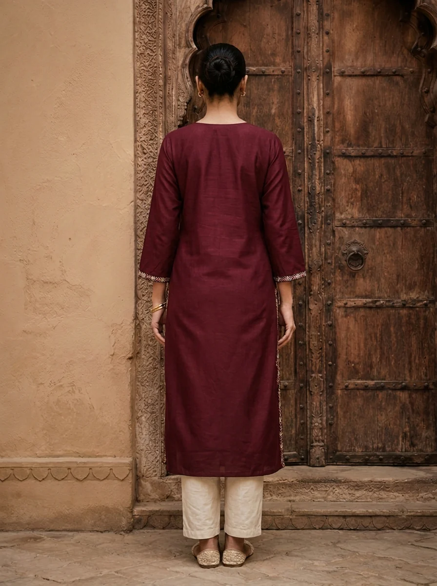Wine Rayon Heavy Floral Thread Embroidery Kurta - Image 3