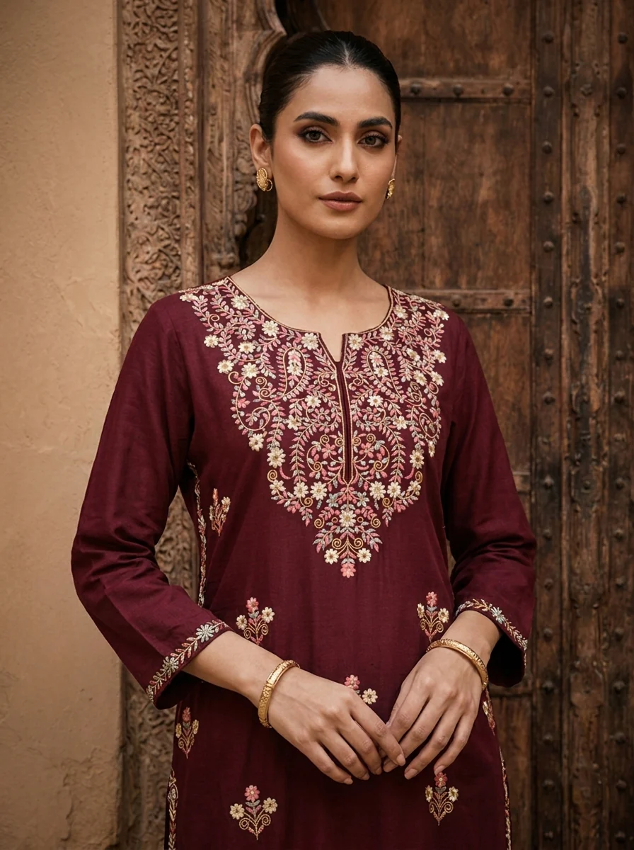 Wine Rayon Heavy Floral Thread Embroidery Kurta - Image 4
