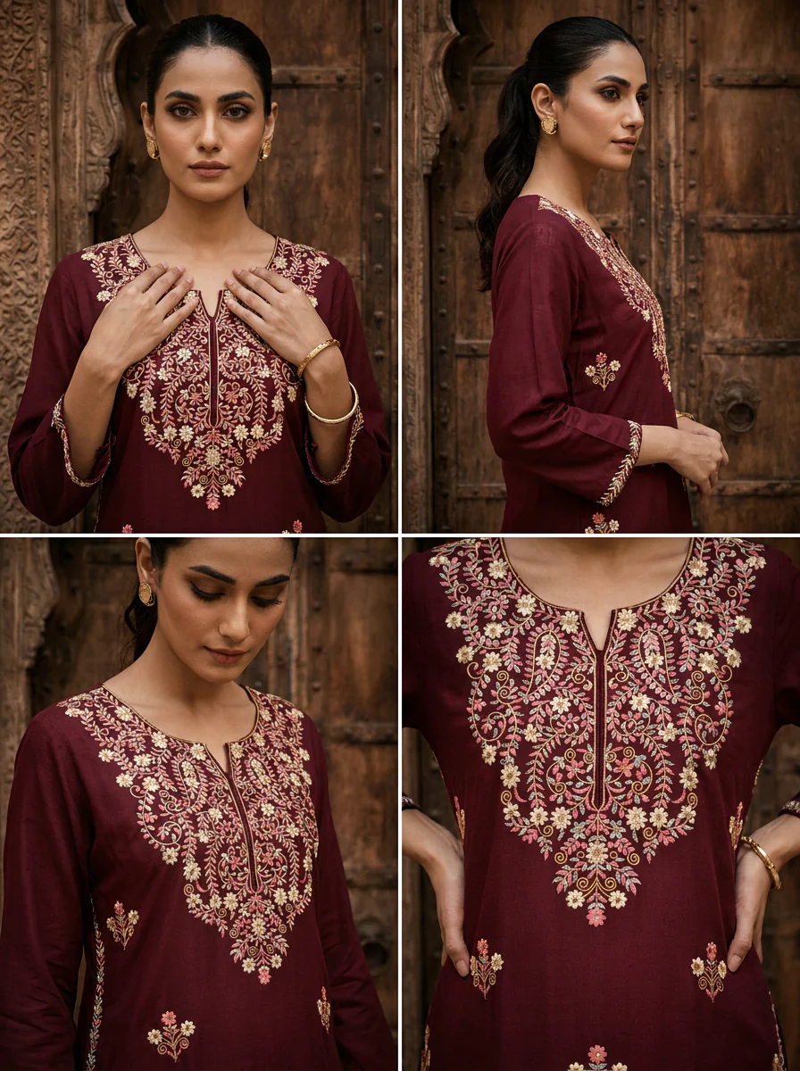 Wine Rayon Heavy Floral Thread Embroidery Kurta - Image 5