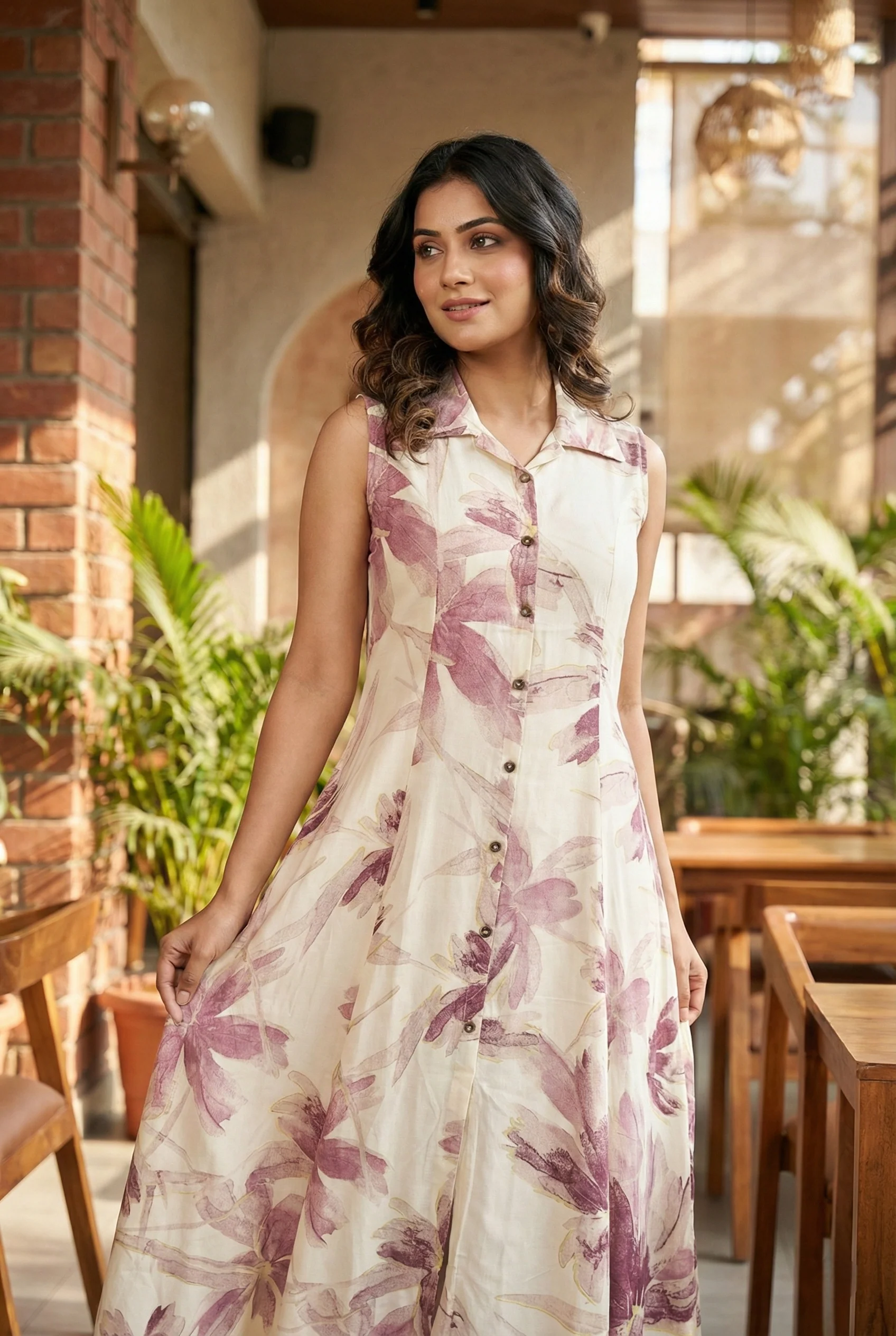 Wine Rayon Printed Long Dress - Image 2