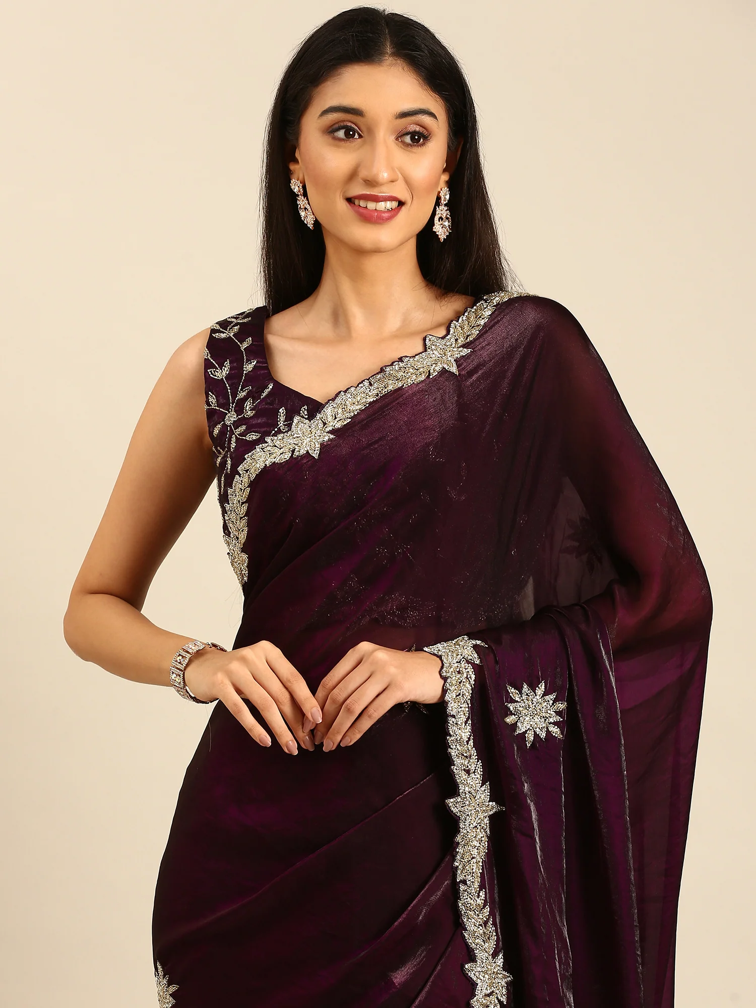 Wine shimmer tissue saree with cut Dana & Swarovski embroidery - Image 3